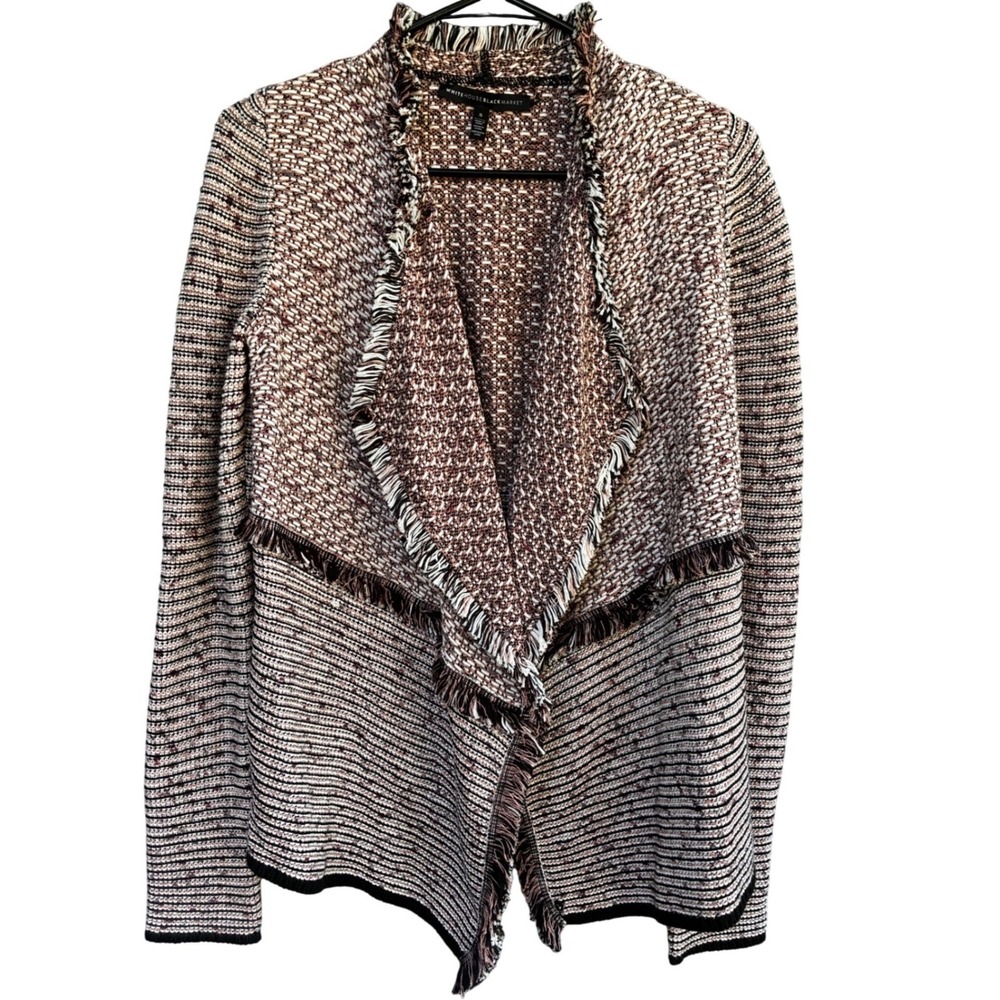 White House Black Market Fringe Open Front‎ Knit Cardigan Sweater Size S Boho